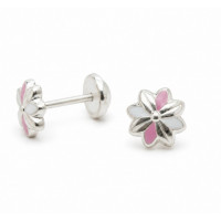 Zilveren Babyoorbellen roze/wit bloem